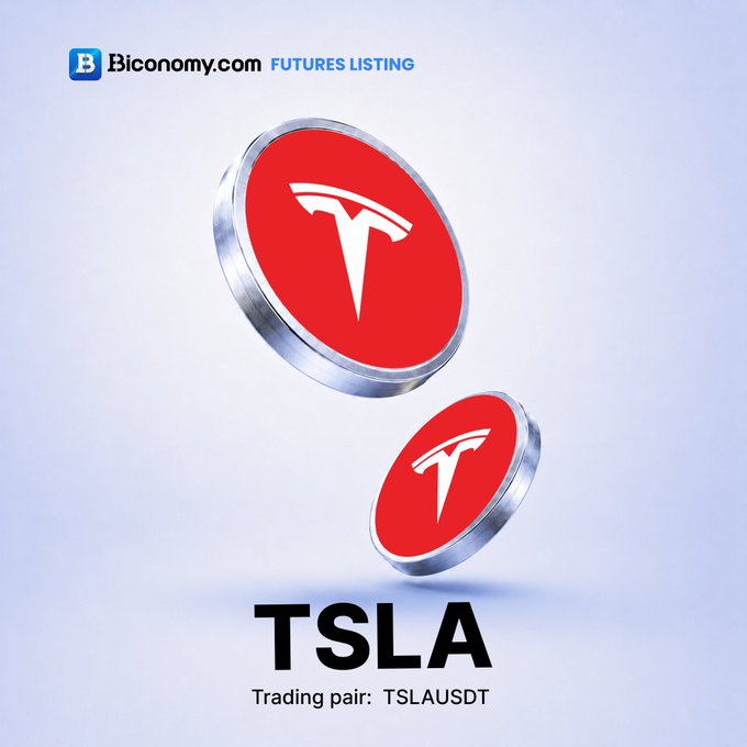 A promotional graphic shows two red Tesla coins floating above the text 'TSLA' and 'Trading pair: TSLAUSDT', with 'Biconomy.com FUTURES LISTING' displayed at the top.