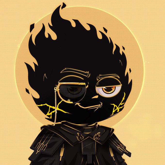 A stylized cartoon illustration of a black flame-headed character wearing sunglasses and dark clothing with yellow crack patterns on an orange background.