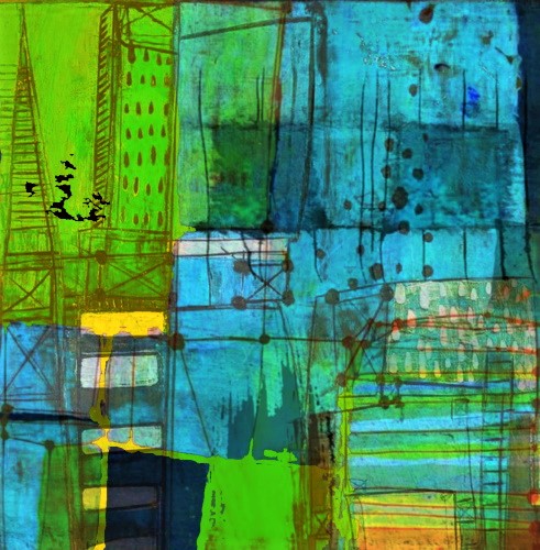 An abstract painting with vibrant green and turquoise colors depicting geometric architectural structures and grid patterns in a stylized urban composition.