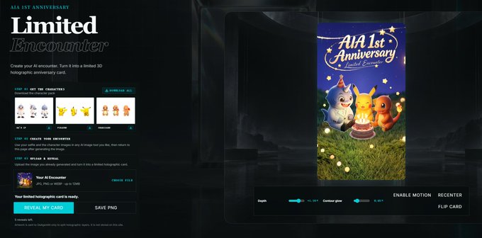 A dark-themed digital interface displays 'AIA 1st Anniversary Limited Encounter' and shows a 3D card featuring Pikachu, Eevee, and other Pokemon characters in a grassy setting.