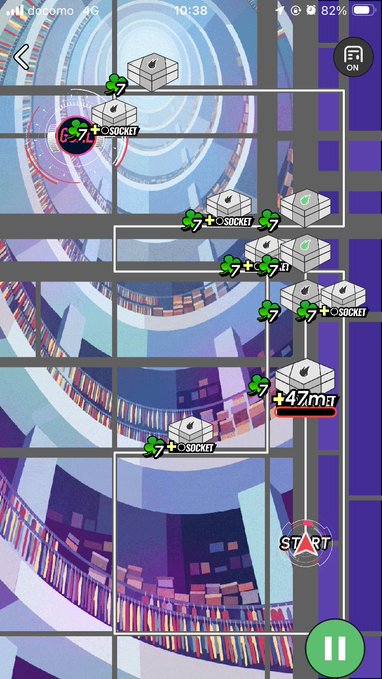 A mobile game screenshot displays a vibrant, futuristic spiral track with various floating stone platforms marked "+1 SOCKET," a "+47mt" boost, and a "+9m" gain indicator near the top left labeled "G7Z." The "#HEAL3 クローズ特区！ハズレ！" post suggests the player encountered an unsuccessful outcome or "miss" in the "Closed Zone" area while playing the game.
