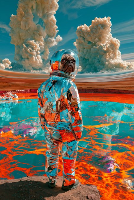 A dog dressed in a spacesuit stands before a fiery, otherworldly landscape with billowing smoke plumes in this surreal, colorful digital artwork.