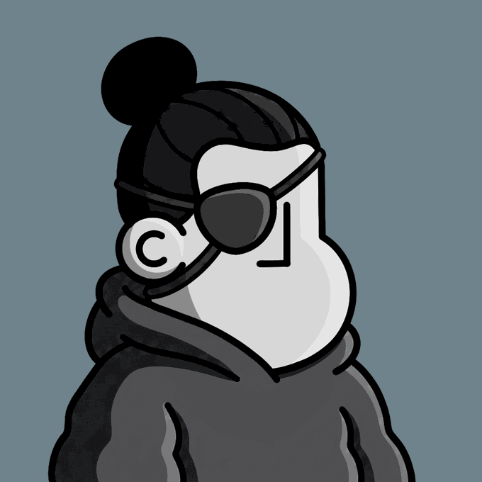 A stylized cartoon illustration of a person with their hair in a bun, wearing dark sunglasses and a black hoodie against a gray background.