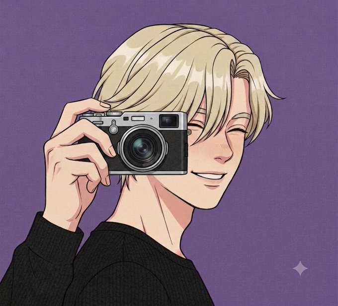 An anime-style illustration of a blonde-haired character holding a vintage camera up to their eye with a winking smile, set against a solid purple background.