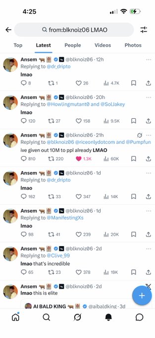 A Twitter/X search results page for 'blknzoiz06 LMAO' showing multiple replies from user "Ansem" with humorous comments like "lmao" and high engagement metrics.