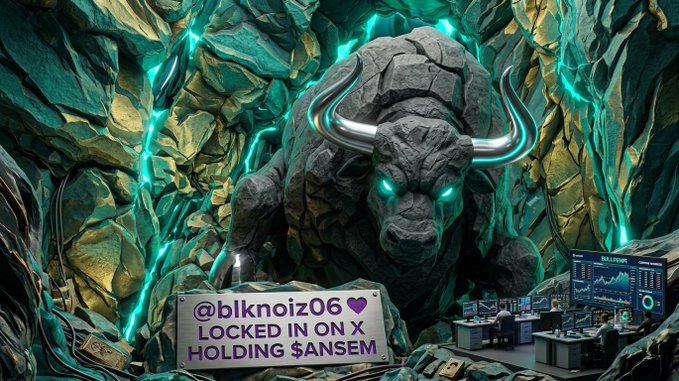 A fantasy digital artwork featuring a stone bull with glowing cyan eyes and horns in a teal-lit cavern, with text '@blknoiz06 LOCKED IN ON X HOLDING $ANSEM'.