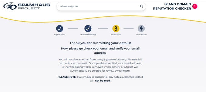 The image shows the Spamhaus Project's IP and Domain Reputation Checker at the verification stage (step 3 of 4), thanking a user for submitting details about "telemoney.site" and requesting email verification via noreply@spamhaus.org. This relates to the post showing that mass reporting successfully took down the telemoney.site domain through Spamhaus, with migration to telemoney.org underway.