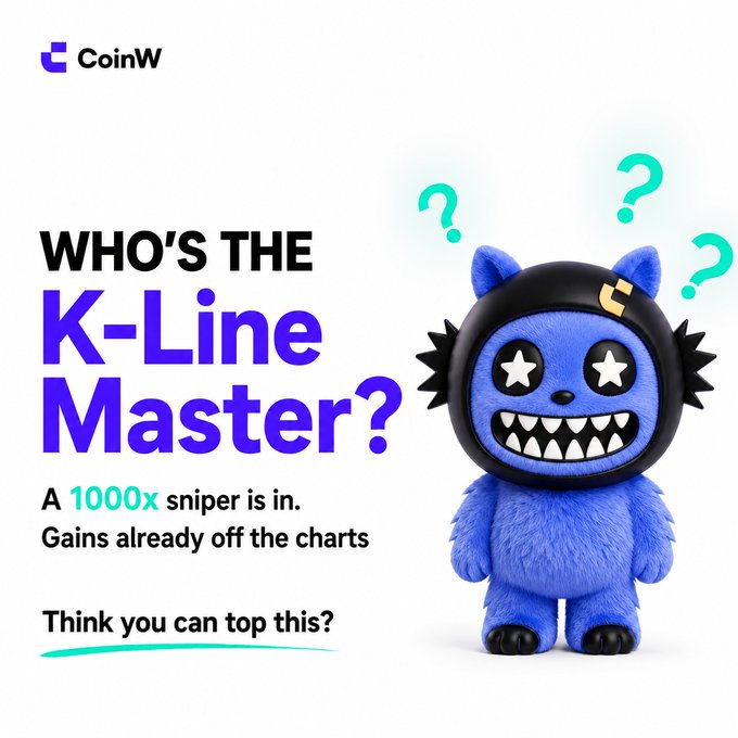 A CoinW promotional graphic featuring a blue furry character asking 'WHO'S THE K-Line Master?' with text about a '1000x sniper' whose gains are 'off the charts.'