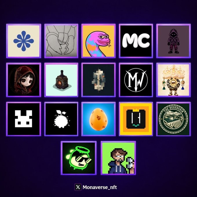 A dark purple background displaying a grid of 17 square NFT collection icons, including various stylized graphics, characters, and logos, with the text 'Monaverse_nft' at the bottom.