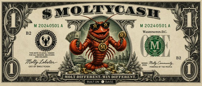 A stylized $1 bill design for '$MOLTYCASH' featuring an anthropomorphic lobster wearing sunglasses and gold chains holding money, with the slogans 'MOLT DIFFERENT. WIN DIFFERENT.' and 'BUILT ON BASE'.