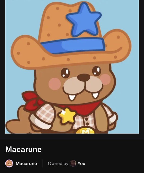 A NFT profile picture of a cute brown bear character named 'Macarune' wearing a sheriff-style hat with a blue star and a plaid shirt with a yellow sheriff badge, marked as 'Owned by You'.