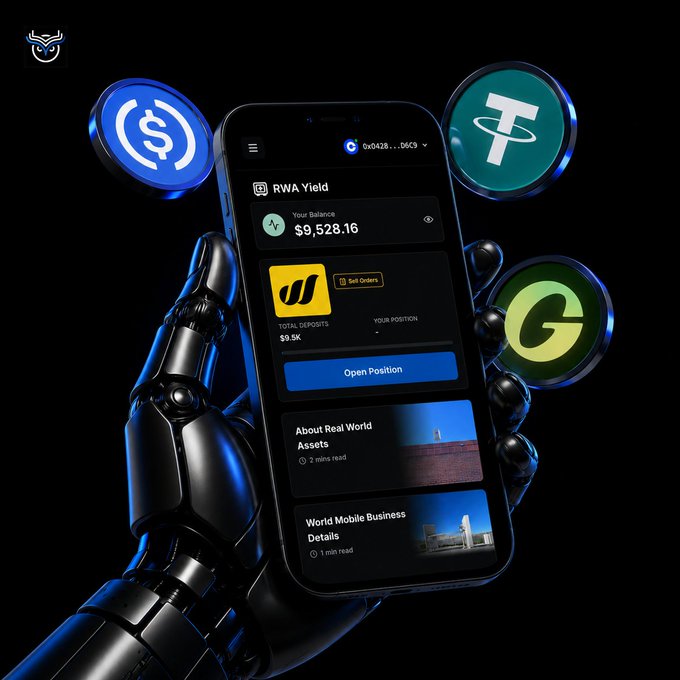 A robotic hand holds a smartphone displaying a financial app with an RWA Yield balance of $9,528.16, a $3.5K total deposit, and options to open positions, surrounded by USDC and Tether cryptocurrency tokens. The image visually reinforces the post's message about earning yield easily through Wise Telecom Nodes by showcasing a streamlined mobile interface for accessing real-world asset investments across multiple networks.