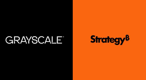 The image displays the Grayscale logo on a black background alongside the Strategy (formerly MicroStrategy) logo on an orange background. It accompanies a post about Grayscale and Strategy (ticker: $MSTR), highlighting Zach Pandl's point on $MSTR's capital structure shift toward a more strategic risk management model for handling $BTC reserves.