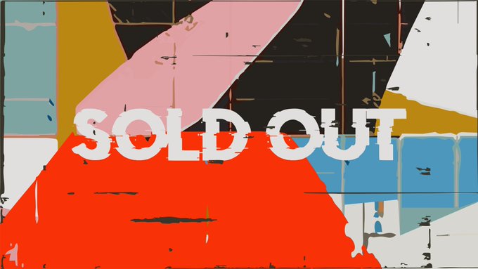 The image shows the text "SOLD OUT" in white capital letters displayed over an abstract background of red, pink, blue, and black shapes. It likely indicates that a group chat or community for token/NFT holders has reached its maximum capacity, aligning with the post's message about joining a holders' group.