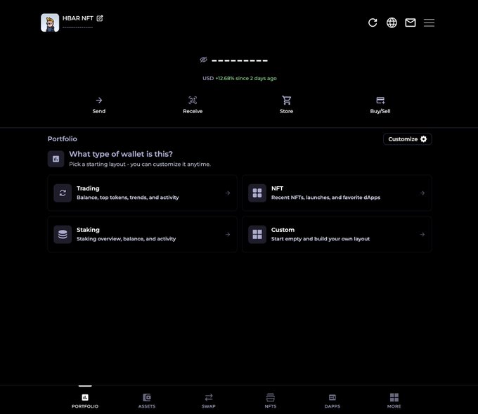 A screenshot of an HBAR NFT cryptocurrency wallet interface showing a balance, portfolio options including Trading, NFT, Staking, and Custom, with navigation tabs for Portfolio, Assets, Swap, NFTs, and DApps.