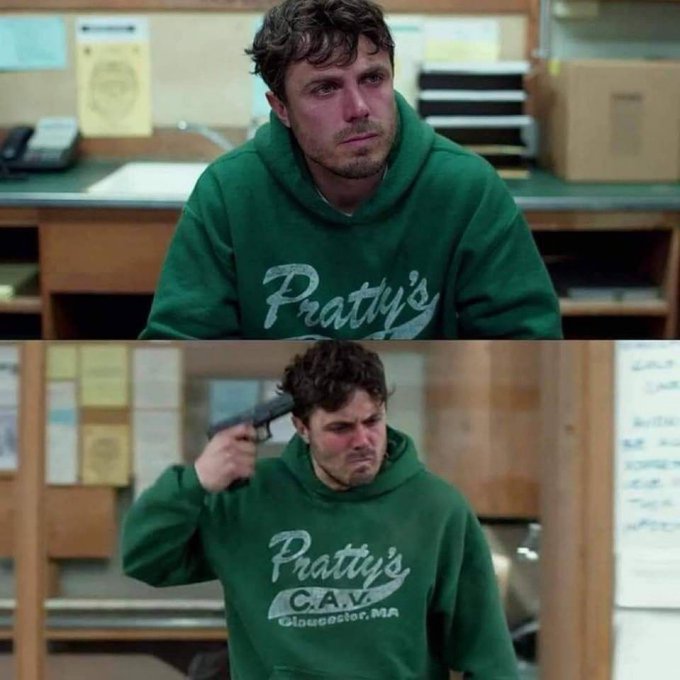 A man wearing a green hoodie reading "Pratty's C.A.V. Gloucester, MA" sits at a desk, then points a gun at his head with a distressed expression—capturing the dramatic stress of buying ETH at a low point. The meme humorously exaggerates the panic and despair of catching a crypto dip.
