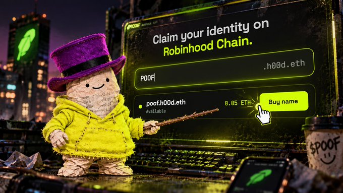 A promotional graphic for Robinhood Chain showing a stitched plush character in a purple hat and yellow hoodie pointing at a "Claim your identity" interface with the name "poof.h00d.eth" available for 8.05 ETH.