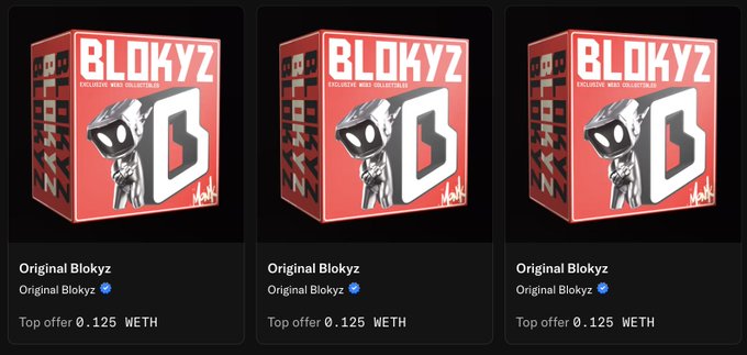 Three identical NFT listings for "Original Blokyz" displayed on a marketplace interface, each with a top offer of 0.125 WETH. The artwork features a red box with a skull character and the text "BLOKYZ EXCLUSIVE WAX COLLECTIBLE".