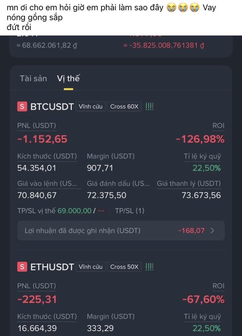 A trading screenshot showing significant losses on BTCUSDT (-126.98% ROI) and ETHUSDT (-67.60% ROI) perpetual positions, with Vietnamese text asking for help saving the nearly liquidated ~$68.66M position.