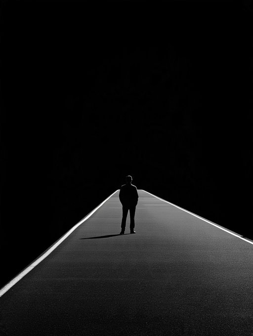 A black-and-white image shows the silhouette of a man standing alone in the middle of an illuminated path that stretches into a vast, dark void.