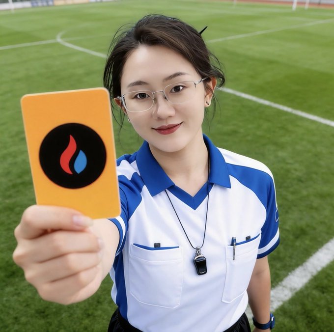 The image features a woman wearing glasses standing on a soccer field holding up an orange card with a red flame symbol on it. The caption of the image reads, "Oh no, oh no! Last night, the editor had a dream where Sixth Master @HTX_Molly said my Twitter game was too boring and no fun, and slapped me with a red card as punishment What do I do, fellow DAO members? Quick, teach me how to play the meme game @Xiaodu_HTX". The woman is holding up the card in front of her face, which adds humor to the situation.