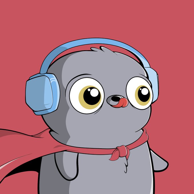 Digital illustration of a gray cartoon cat character with large yellow eyes, wearing blue headphones and a red superhero cape and scarf against a red background.