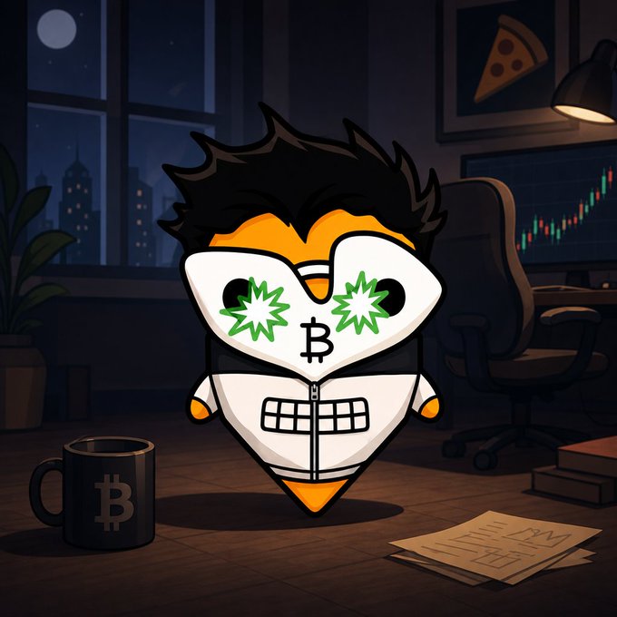 An illustrated character with dollar sign eyes and a Bitcoin symbol on its body stands in a room with a computer monitor displaying charts, a Bitcoin mug, and a pizza slice picture.