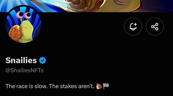 A Twitter/X profile for the verified account "Snailies" (@SnailiesNFTs) featuring a cartoon snail avatar and the bio "The race is slow. The stakes aren't't. 🐌🏁". The profile appears to be an early NFT discovery with no additional project information available yet.