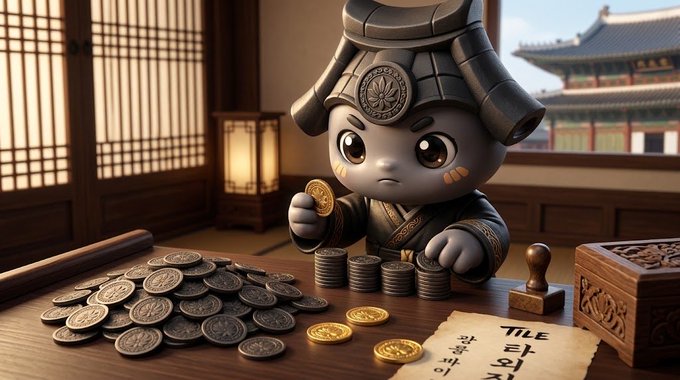 3D rendered character in traditional Japanese attire examining a gold coin at a desk covered in coins and documents with Korean/Han characters.