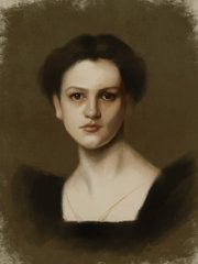 A vintage-style oil portrait of a young woman with dark hair, wearing a black dress and a delicate necklace, painted in a classical Renaissance-inspired style.