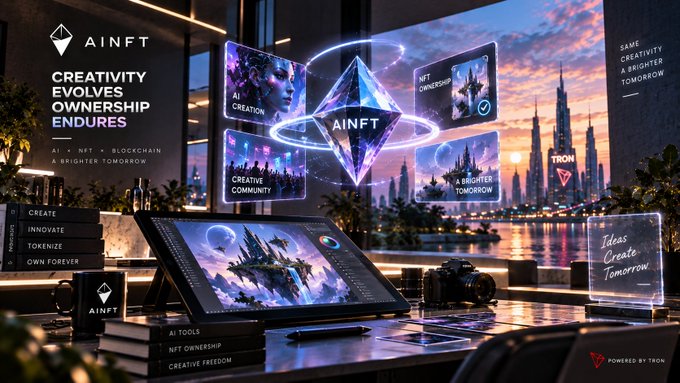 A promotional image for "AINFT" displaying a glowing Ethereum logo at the center of floating holographic screens. The text reads "CREATIVITY EVOLVES OWNERSHIP ENDURES" alongside terms like "AI CREATION" and "NFT OWNERSHIP", powered by TRON.