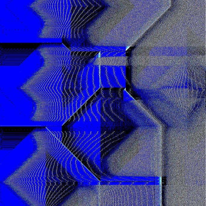 An abstract digital artwork or glitch art piece featuring wavy, distorted black and blue geometric patterns with a grainy texture.