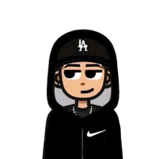 A cartoon character with a deadpan expression wears a black hoodie and a baseball cap with an 'LA' logo.