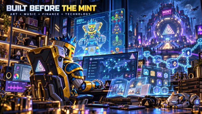 A vibrant cyberpunk-style promotional image titled 'BUILT BEFORE THE MINT' featuring an armored robot character working with digital interfaces, with text indicating 'ART · MUSIC · FINANCE · TECHNOLOGY' and a 'CYBERCORE' logo.