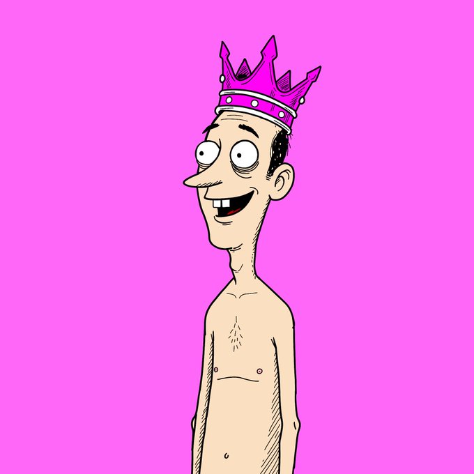 A cartoon illustration depicts a shirtless, smiling man with a prominent nose and wide eyes, wearing a magenta jeweled crown against a bright pink background. The regal, quirky imagery playfully complements the celebratory "Happy Tezos Tuesday" post, suggesting a "king" rewarding his community by collecting art on the Tezos blockchain.