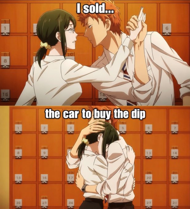 A two-panel anime meme showing characters against orange lockers reading 'I sold...' in the top panel and 'the car to buy the dip' in the bottom panel, depicting them in an embrace.
