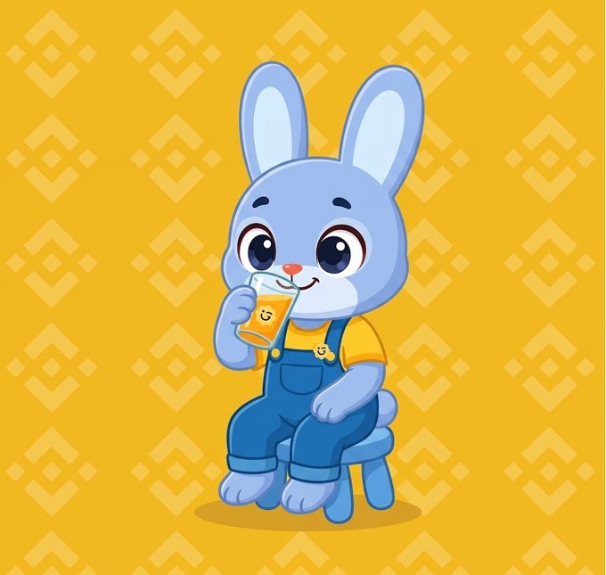 A cute blue cartoon bunny in overalls sits on a small stool, sipping orange juice with a happy smile, set against a vibrant yellow patterned background. The cheerful character embodies the friendly "GM" (Good Morning) greeting to the Max community, sharing a wholesome start-of-day vibe.