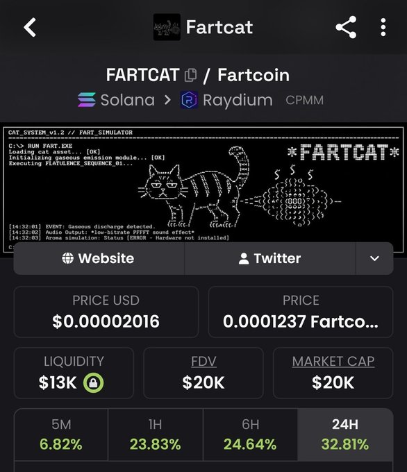 A screenshot of a cryptocurrency token called 'Fartcat' (FARTCAT / Fartcoin) on the Solana blockchain, showing a price of $0.00002016, an ASCII art cat farting, and 24H gains of 32.81%.