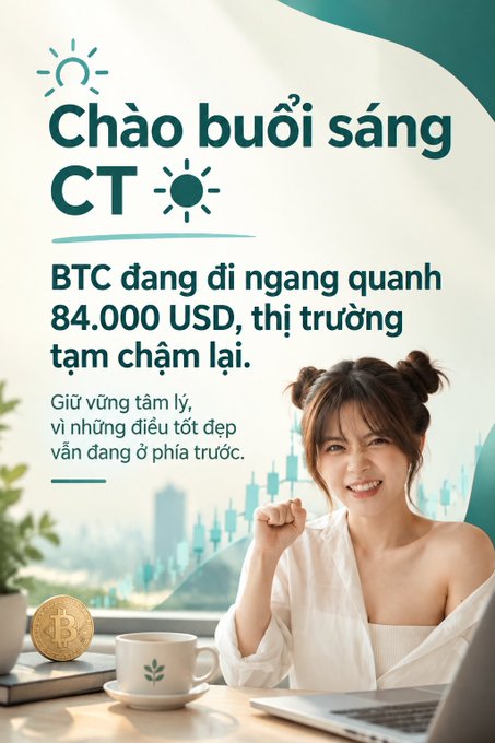 A cheerful morning greeting graphic in Vietnamese featuring a smiling young woman with space buns, a coffee cup, a Bitcoin coin, and text reading 'Chào buổi sáng CT' with 'BTC đang đi ngang quanh 84.000 USD' along with a message encouraging emotional stability during the market's pause.