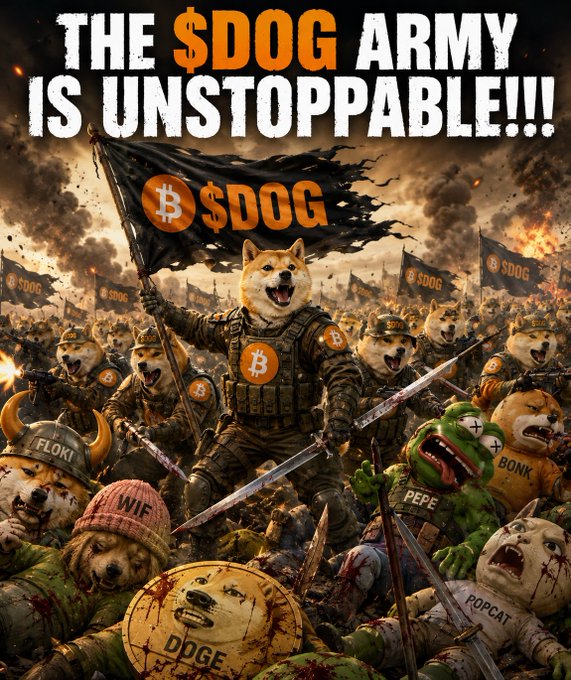 A dramatic battle scene depicts the $DOG army, led by a fierce Shiba Inu warrior wielding a "$DOG" flag, overpowering rival memecoins including FLOKI, WIF, PEPE, BONK, POPCAT, and DDGE amid fiery destruction. The bold text "THE $DOG ARMY IS UNSTOPPABLE!!!" reinforces the post's message that $DOG is dominating the memecoin battlefield while its competitors flee or fall.
