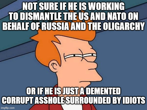 The 'Futurama Fry' not-sure-if meme featuring the character with text reading 'NOT SURE IF HE IS WORKING TO DISMANTLE THE US AND NATO ON BEHALF OF RUSSIA AND THE OLIGARCHY' and 'OR IF HE IS JUST A DEMENTED CORRUPT ASSHOLE SURROUNDED BY IDIOTS'.