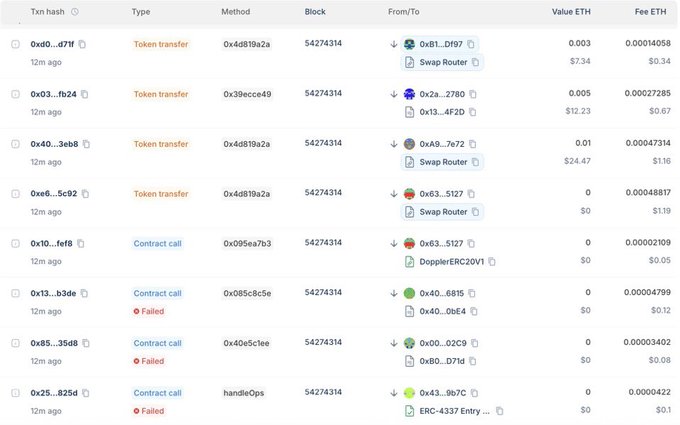 A blockchain explorer page displays a series of recent transactions on block 54274314, showing multiple "Failed" contract calls alongside token transfers involving Swap Router, Uniswap, and DOPPLER ERC20 V1 contracts. The high volume of failed transactions (visible at 0x85c8c8c5, 0x40e5c8ee, and 0x433c...9b7C) with non-zero gas fees but $0 values supports the claim that the Robinhood Chain is experiencing downtime or operational issues.