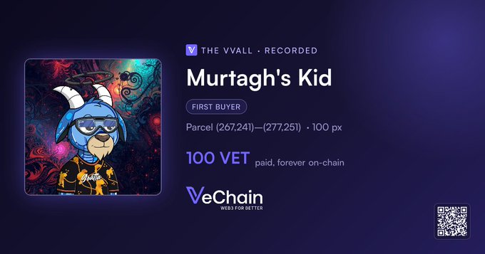 A VeChain NFT purchase receipt for 'Murtagh's Kid' from THE VVALL collection, purchased for 100 VET as the first buyer, with parcel coordinates (267,241)-(277,251).