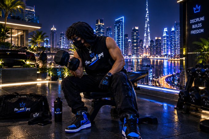 An anime-style figure in a hooded, masked outfit sits on a weight bench wearing boxing gloves and 'the web guy' branded apparel, with the Dubai skyline and the Burj Khalifa visible in the background.