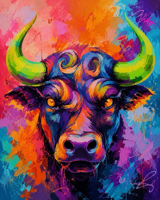 A vibrant, multicolored bull with glowing eyes and dramatic green horns stares forward in an expressionist style. The bull's powerful, forward-charging energy visually reinforces the post's message about the $ANSEM community charging ahead and building, not just holding.