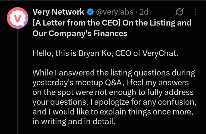 A screenshot of an X (Twitter) post by 'Very Network @verylabs' titled '[A Letter from the CEO] On the Listing and Our Company's Finances', signed by Bryan Ko, CEO of VeryChat.