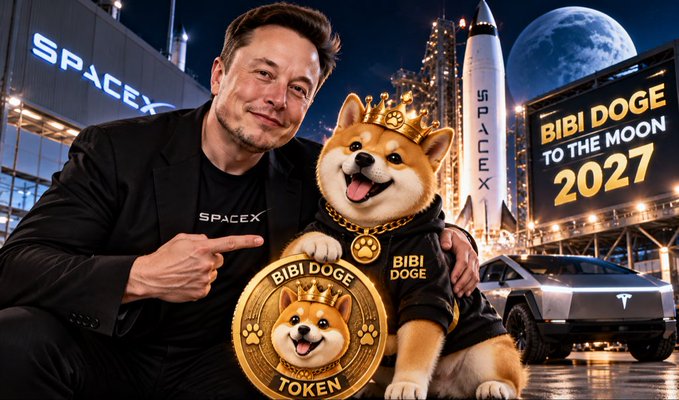 A digitally created promotional image features Elon Musk pointing at a Shiba Inu dog wearing a crown and a 'BIBI DOGE' shirt, with a SpaceX rocket and Cybertruck in the background. Text reads 'BIBI DOGE TO THE MOON 2027' and a large coin displays 'BIBI DOGE TOKEN'.