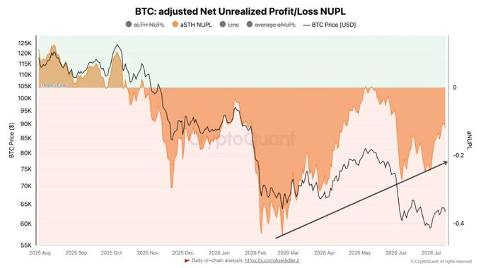 A chart titled 'BTC: adjusted Net Unrealized Profit/Loss NUPL' showing BTC Price, aSTH NUPL, LTH NUPL, and Average-aNUPL data from CryptoQuant, with a watermark 'protoquant' visible.