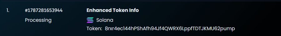 A screenshot showing enhanced token info for a Solana token with the address 8rx4ec144hPShAfh94Jf4QWRX6LppfTDTJKMU62pump, listed as Processing.