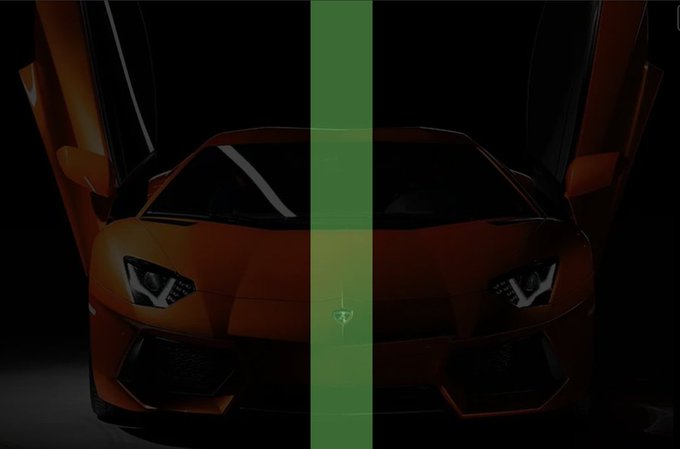 The image features a large, orange Lamborghini sports car with its doors open, revealing an interior view of the vehicle. The photo has been edited to have a green stripe running down the middle, which stands out against the dark background. The caption at the bottom of the image indicates that "INSIDER INFO: YOUR $XRP COULD PUMP 50% TODAY!!!!!!!!!". The main focus is on the car's design and its appearance in this altered image.
